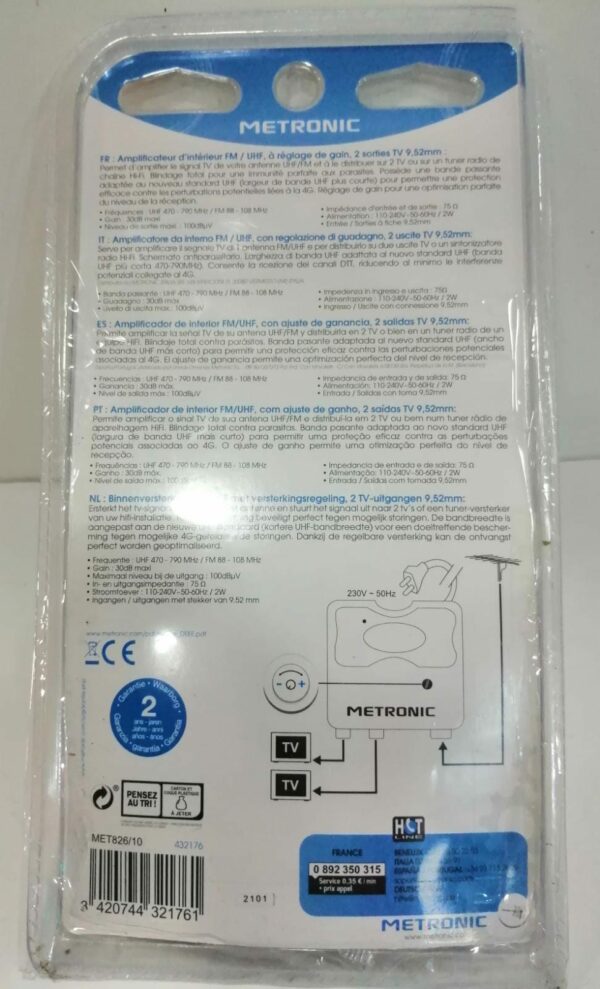 Metronic TV Verstärker Weiß 28dB - 4 Ausgänge Für Besseren Empfang Auf Mehreren Fernsehern